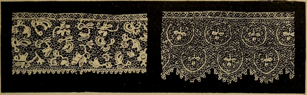 An illustration from Dentelles et guipures : anciennes et modernes, imitations ou copies. Varieté des genres et des points. 52 portraits documentaires, 249 échantillons de dentelles, collerettes, fraises, manchettes, rabats, etc., 1904, leaf 203