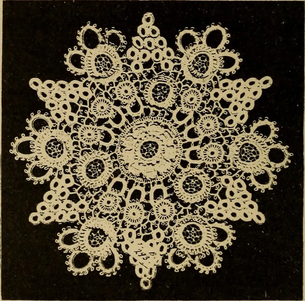 An illustration from Dentelles et guipures : anciennes et modernes, imitations ou copies. Varieté des genres et des points. 52 portraits documentaires, 249 échantillons de dentelles, collerettes, fraises, manchettes, rabats, etc., 1904, leaf 204
