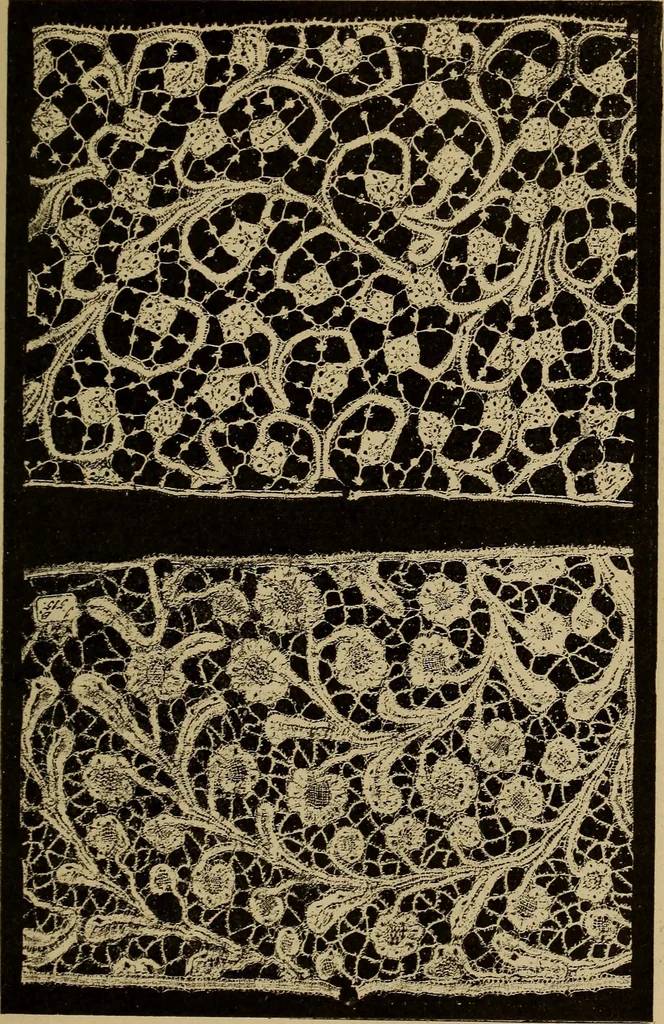An illustration from Dentelles et guipures : anciennes et modernes, imitations ou copies. Varieté des genres et des points. 52 portraits documentaires, 249 échantillons de dentelles, collerettes, fraises, manchettes, rabats, etc., 1904, leaf 205