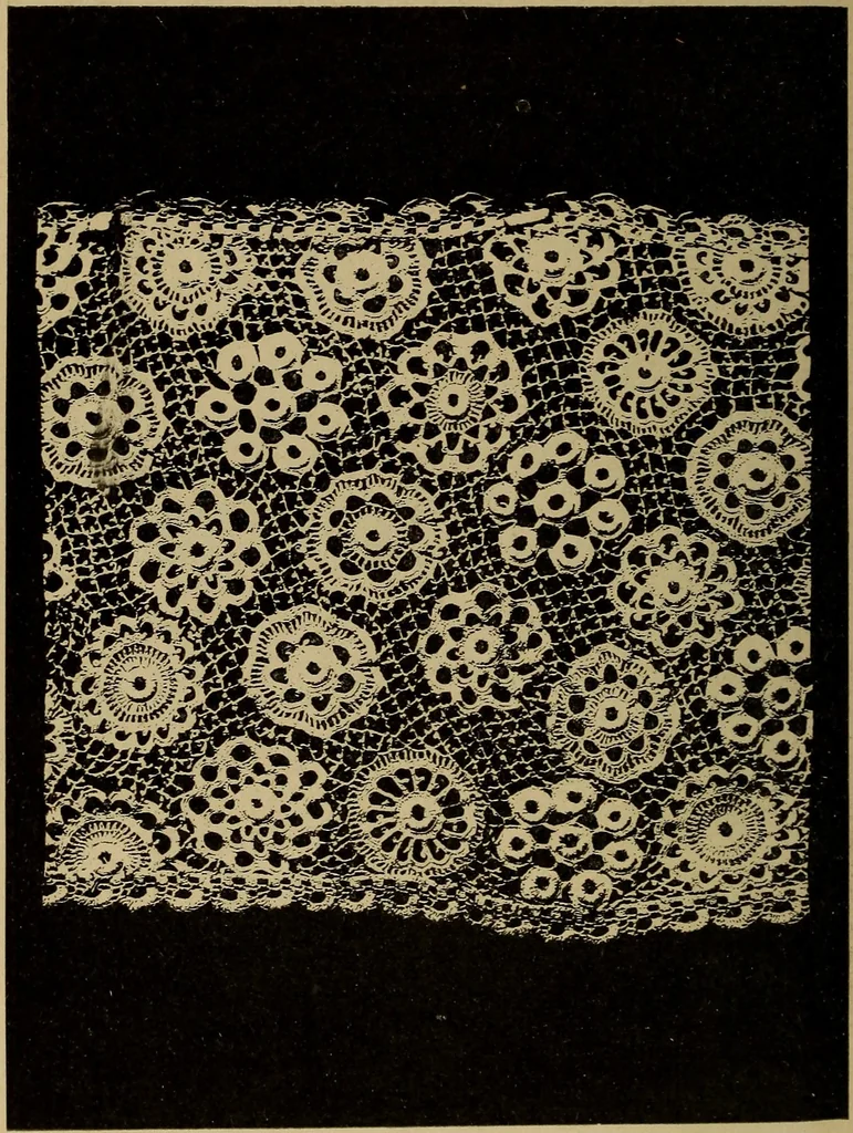 An illustration from Dentelles et guipures : anciennes et modernes, imitations ou copies. Varieté des genres et des points. 52 portraits documentaires, 249 échantillons de dentelles, collerettes, fraises, manchettes, rabats, etc., 1904, leaf 206
