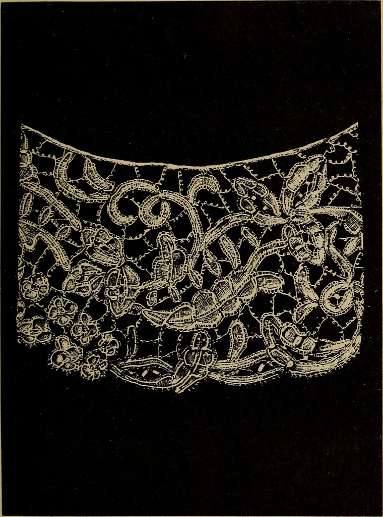 An illustration from Dentelles et guipures : anciennes et modernes, imitations ou copies. Varieté des genres et des points. 52 portraits documentaires, 249 échantillons de dentelles, collerettes, fraises, manchettes, rabats, etc., 1904, leaf 207
