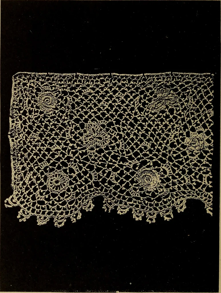 An illustration from Dentelles et guipures : anciennes et modernes, imitations ou copies. Varieté des genres et des points. 52 portraits documentaires, 249 échantillons de dentelles, collerettes, fraises, manchettes, rabats, etc., 1904, leaf 208