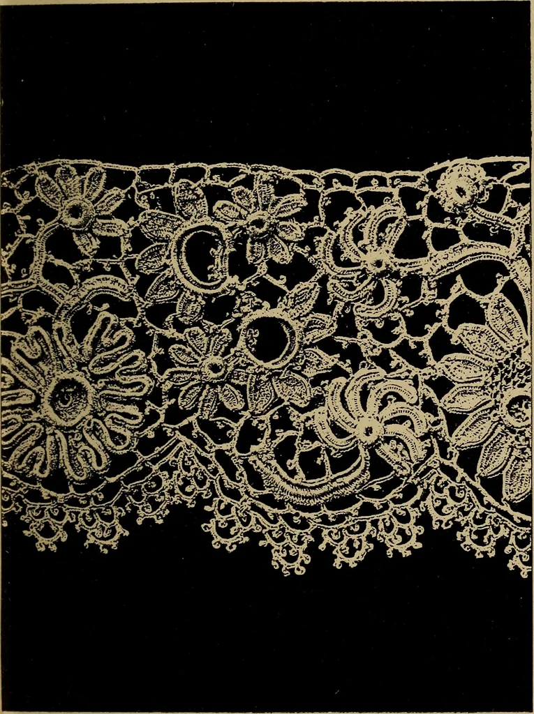 An illustration from Dentelles et guipures : anciennes et modernes, imitations ou copies. Varieté des genres et des points. 52 portraits documentaires, 249 échantillons de dentelles, collerettes, fraises, manchettes, rabats, etc., 1904, leaf 209