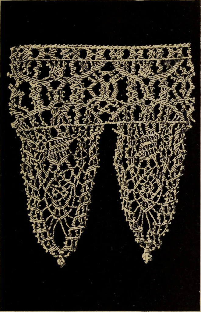 An illustration from Dentelles et guipures : anciennes et modernes, imitations ou copies. Varieté des genres et des points. 52 portraits documentaires, 249 échantillons de dentelles, collerettes, fraises, manchettes, rabats, etc., 1904, leaf 213