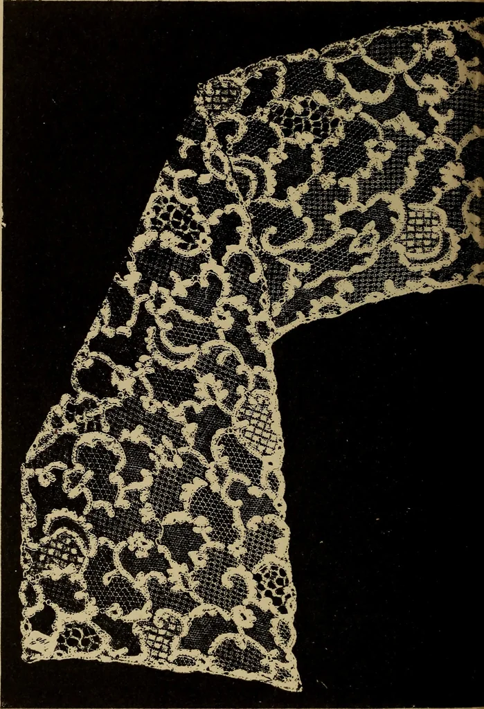 An illustration from Dentelles et guipures : anciennes et modernes, imitations ou copies. Varieté des genres et des points. 52 portraits documentaires, 249 échantillons de dentelles, collerettes, fraises, manchettes, rabats, etc., 1904, leaf 214