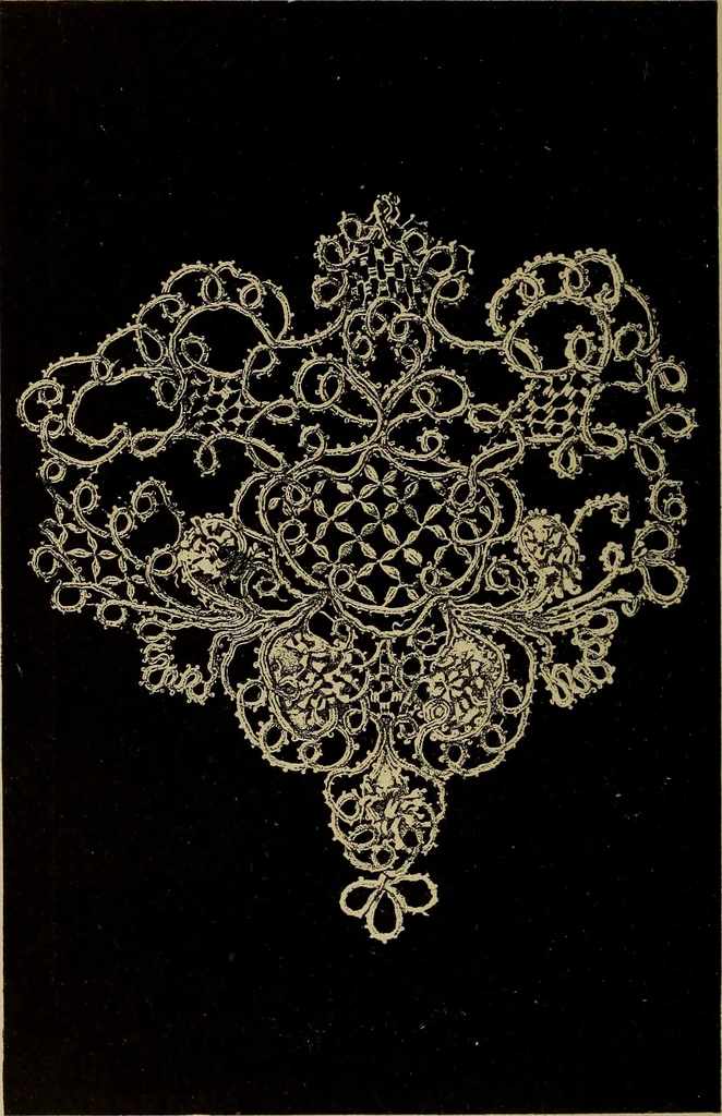 An illustration from Dentelles et guipures : anciennes et modernes, imitations ou copies. Varieté des genres et des points. 52 portraits documentaires, 249 échantillons de dentelles, collerettes, fraises, manchettes, rabats, etc., 1904, leaf 218
