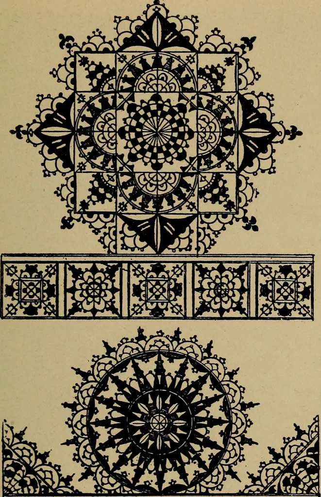 An illustration from Dentelles et guipures : anciennes et modernes, imitations ou copies. Varieté des genres et des points. 52 portraits documentaires, 249 échantillons de dentelles, collerettes, fraises, manchettes, rabats, etc., 1904, leaf 219