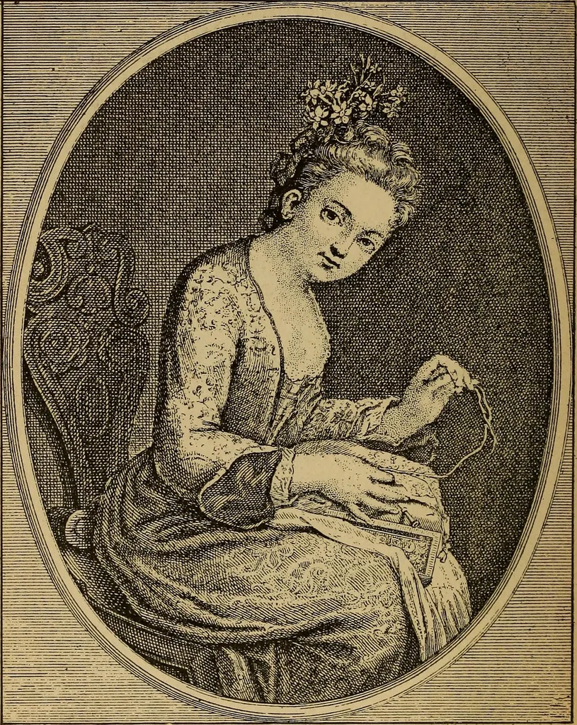 An illustration from Dentelles et guipures : anciennes et modernes, imitations ou copies. Varieté des genres et des points. 52 portraits documentaires, 249 échantillons de dentelles, collerettes, fraises, manchettes, rabats, etc., 1904, leaf 22