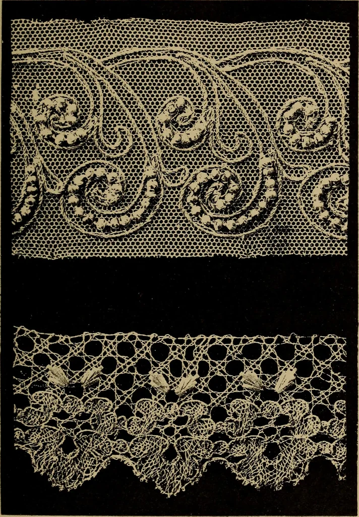 An illustration from Dentelles et guipures : anciennes et modernes, imitations ou copies. Varieté des genres et des points. 52 portraits documentaires, 249 échantillons de dentelles, collerettes, fraises, manchettes, rabats, etc., 1904, leaf 221