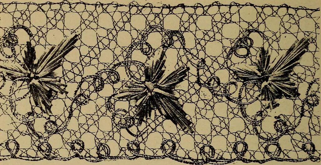 An illustration from Dentelles et guipures : anciennes et modernes, imitations ou copies. Varieté des genres et des points. 52 portraits documentaires, 249 échantillons de dentelles, collerettes, fraises, manchettes, rabats, etc., 1904, leaf 222