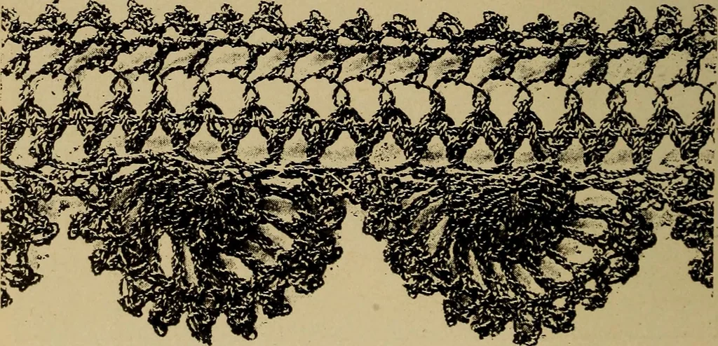An illustration from Dentelles et guipures : anciennes et modernes, imitations ou copies. Varieté des genres et des points. 52 portraits documentaires, 249 échantillons de dentelles, collerettes, fraises, manchettes, rabats, etc., 1904, leaf 222