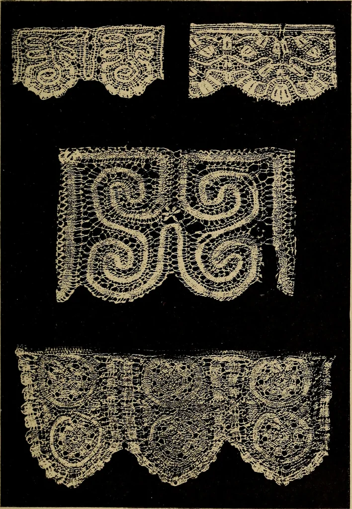An illustration from Dentelles et guipures : anciennes et modernes, imitations ou copies. Varieté des genres et des points. 52 portraits documentaires, 249 échantillons de dentelles, collerettes, fraises, manchettes, rabats, etc., 1904, leaf 223