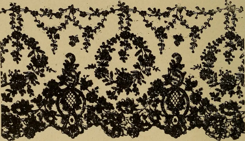 An illustration from Dentelles et guipures : anciennes et modernes, imitations ou copies. Varieté des genres et des points. 52 portraits documentaires, 249 échantillons de dentelles, collerettes, fraises, manchettes, rabats, etc., 1904, leaf 226