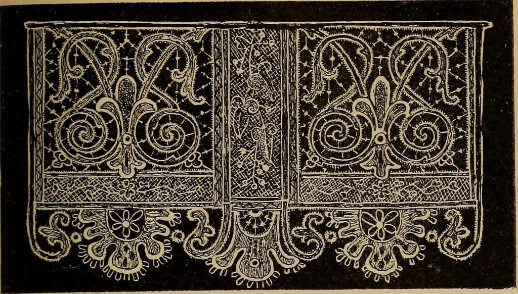 An illustration from Dentelles et guipures : anciennes et modernes, imitations ou copies. Varieté des genres et des points. 52 portraits documentaires, 249 échantillons de dentelles, collerettes, fraises, manchettes, rabats, etc., 1904, leaf 227