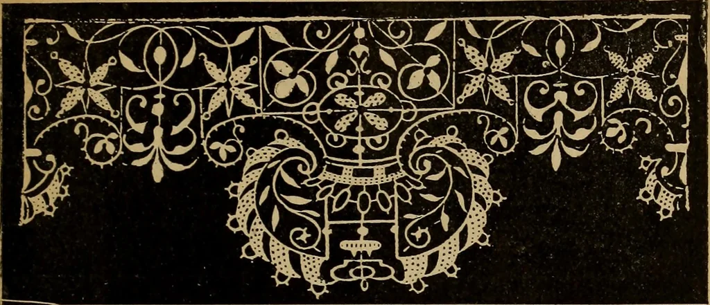 An illustration from Dentelles et guipures : anciennes et modernes, imitations ou copies. Varieté des genres et des points. 52 portraits documentaires, 249 échantillons de dentelles, collerettes, fraises, manchettes, rabats, etc., 1904, leaf 23