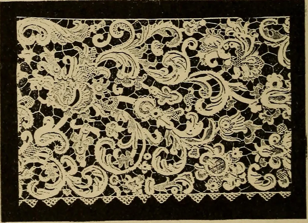 An illustration from Dentelles et guipures : anciennes et modernes, imitations ou copies. Varieté des genres et des points. 52 portraits documentaires, 249 échantillons de dentelles, collerettes, fraises, manchettes, rabats, etc., 1904, leaf 242