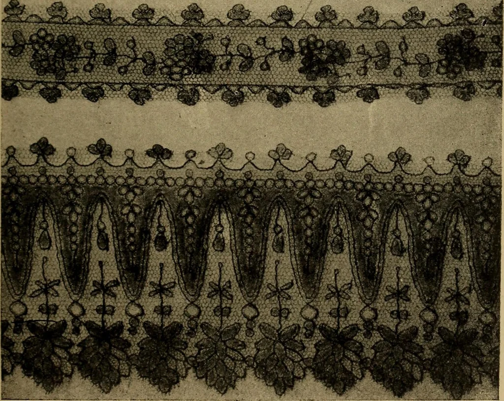 An illustration from Dentelles et guipures : anciennes et modernes, imitations ou copies. Varieté des genres et des points. 52 portraits documentaires, 249 échantillons de dentelles, collerettes, fraises, manchettes, rabats, etc., 1904, leaf 245