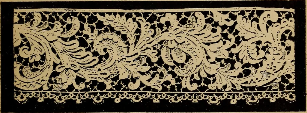 An illustration from Dentelles et guipures : anciennes et modernes, imitations ou copies. Varieté des genres et des points. 52 portraits documentaires, 249 échantillons de dentelles, collerettes, fraises, manchettes, rabats, etc., 1904, leaf 25