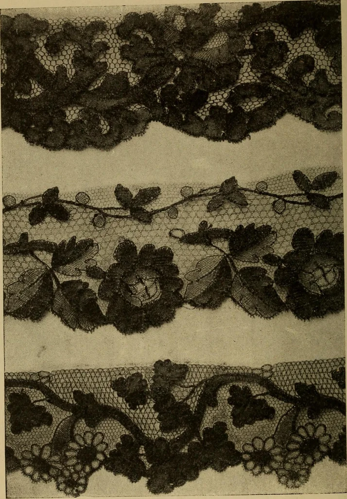 An illustration from Dentelles et guipures : anciennes et modernes, imitations ou copies. Varieté des genres et des points. 52 portraits documentaires, 249 échantillons de dentelles, collerettes, fraises, manchettes, rabats, etc., 1904, leaf 250