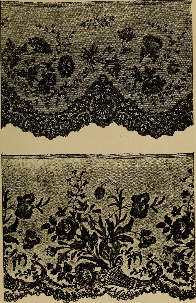 An illustration from Dentelles et guipures : anciennes et modernes, imitations ou copies. Varieté des genres et des points. 52 portraits documentaires, 249 échantillons de dentelles, collerettes, fraises, manchettes, rabats, etc., 1904, leaf 253