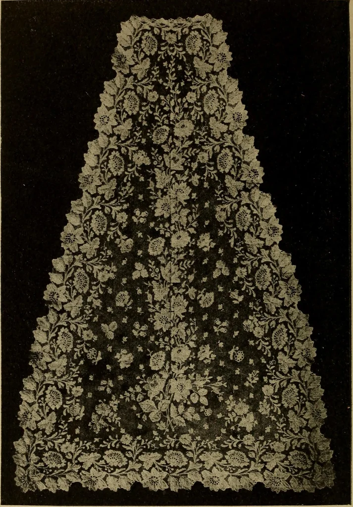 An illustration from Dentelles et guipures : anciennes et modernes, imitations ou copies. Varieté des genres et des points. 52 portraits documentaires, 249 échantillons de dentelles, collerettes, fraises, manchettes, rabats, etc., 1904, leaf 254