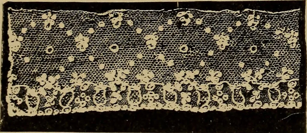 An illustration from Dentelles et guipures : anciennes et modernes, imitations ou copies. Varieté des genres et des points. 52 portraits documentaires, 249 échantillons de dentelles, collerettes, fraises, manchettes, rabats, etc., 1904, leaf 257