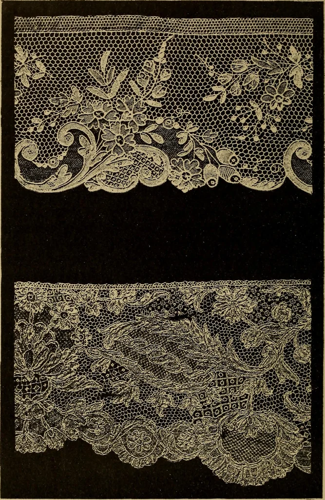 An illustration from Dentelles et guipures : anciennes et modernes, imitations ou copies. Varieté des genres et des points. 52 portraits documentaires, 249 échantillons de dentelles, collerettes, fraises, manchettes, rabats, etc., 1904, leaf 258