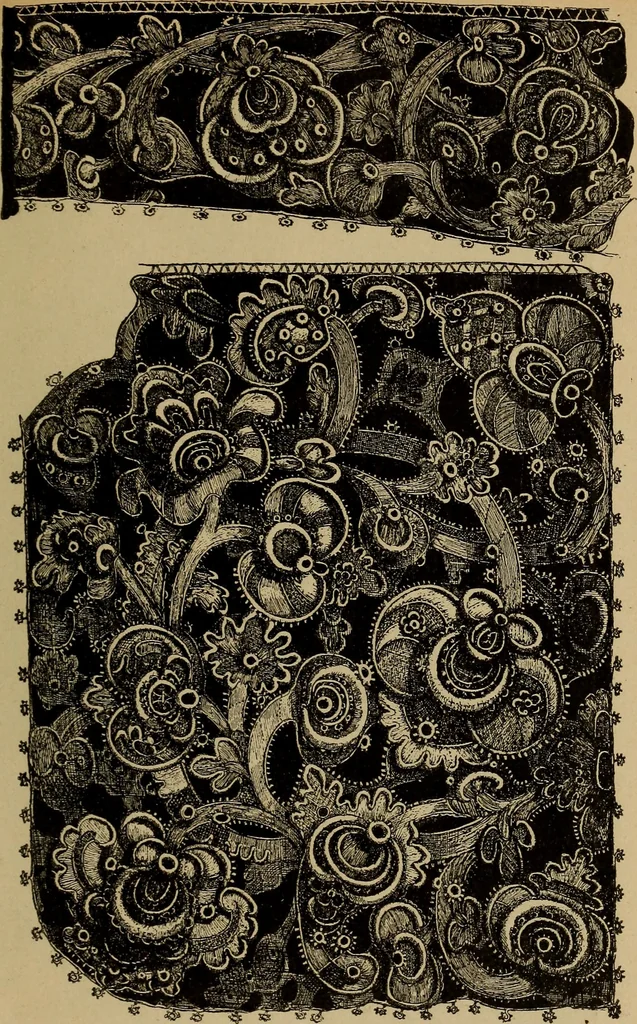 An illustration from Dentelles et guipures : anciennes et modernes, imitations ou copies. Varieté des genres et des points. 52 portraits documentaires, 249 échantillons de dentelles, collerettes, fraises, manchettes, rabats, etc., 1904, leaf 259