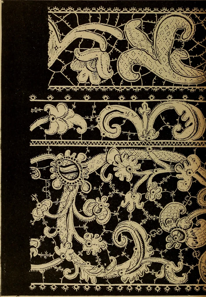 An illustration from Dentelles et guipures : anciennes et modernes, imitations ou copies. Varieté des genres et des points. 52 portraits documentaires, 249 échantillons de dentelles, collerettes, fraises, manchettes, rabats, etc., 1904, leaf 260