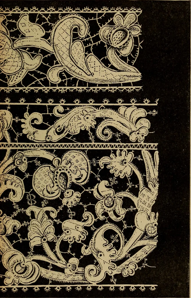 An illustration from Dentelles et guipures : anciennes et modernes, imitations ou copies. Varieté des genres et des points. 52 portraits documentaires, 249 échantillons de dentelles, collerettes, fraises, manchettes, rabats, etc., 1904, leaf 261