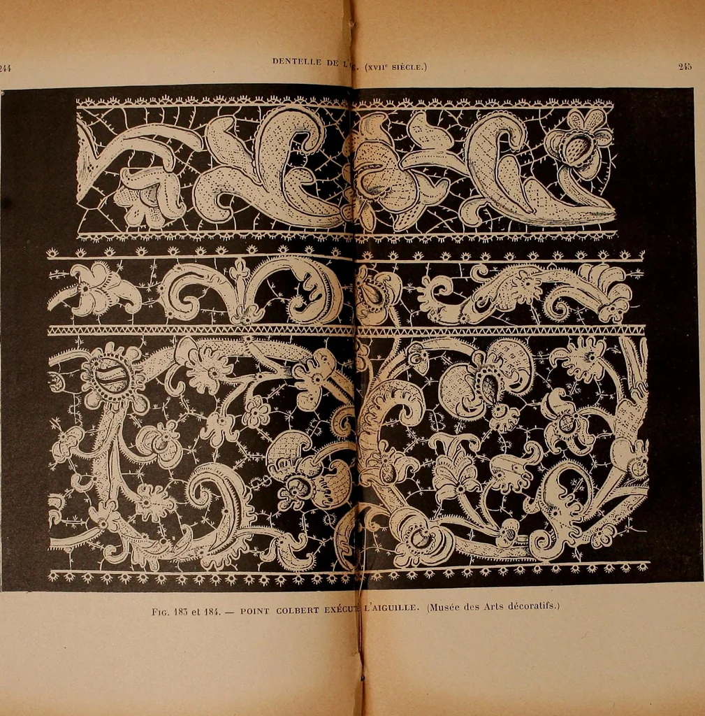 An illustration from Dentelles et guipures : anciennes et modernes, imitations ou copies. Varieté des genres et des points. 52 portraits documentaires, 249 échantillons de dentelles, collerettes, fraises, manchettes, rabats, etc., 1904, leaf 263
