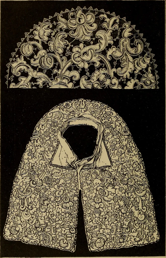 An illustration from Dentelles et guipures : anciennes et modernes, imitations ou copies. Varieté des genres et des points. 52 portraits documentaires, 249 échantillons de dentelles, collerettes, fraises, manchettes, rabats, etc., 1904, leaf 264