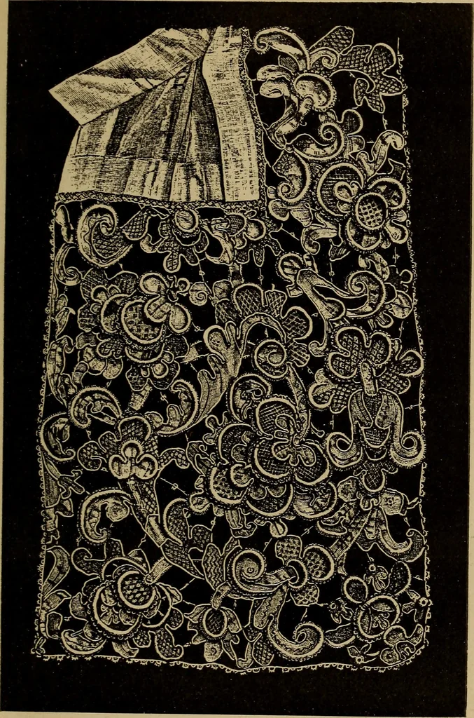 An illustration from Dentelles et guipures : anciennes et modernes, imitations ou copies. Varieté des genres et des points. 52 portraits documentaires, 249 échantillons de dentelles, collerettes, fraises, manchettes, rabats, etc., 1904, leaf 265
