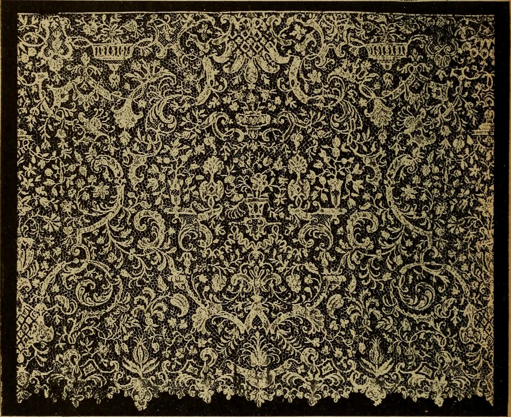 An illustration from Dentelles et guipures : anciennes et modernes, imitations ou copies. Varieté des genres et des points. 52 portraits documentaires, 249 échantillons de dentelles, collerettes, fraises, manchettes, rabats, etc., 1904, leaf 266