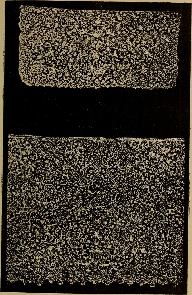 An illustration from Dentelles et guipures : anciennes et modernes, imitations ou copies. Varieté des genres et des points. 52 portraits documentaires, 249 échantillons de dentelles, collerettes, fraises, manchettes, rabats, etc., 1904, leaf 269