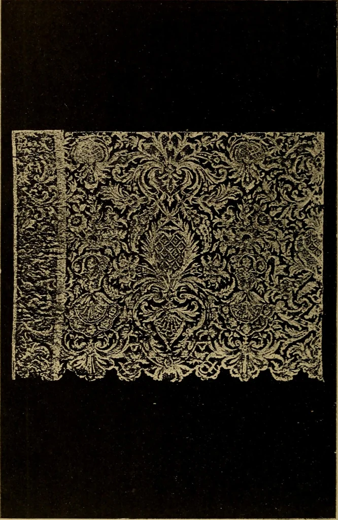 An illustration from Dentelles et guipures : anciennes et modernes, imitations ou copies. Varieté des genres et des points. 52 portraits documentaires, 249 échantillons de dentelles, collerettes, fraises, manchettes, rabats, etc., 1904, leaf 274