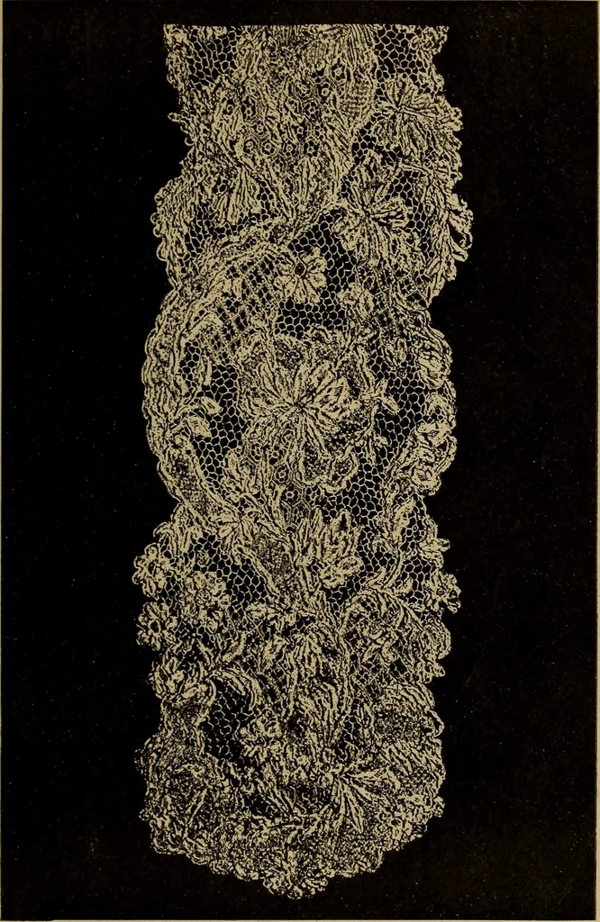 An illustration from Dentelles et guipures : anciennes et modernes, imitations ou copies. Varieté des genres et des points. 52 portraits documentaires, 249 échantillons de dentelles, collerettes, fraises, manchettes, rabats, etc., 1904, leaf 275