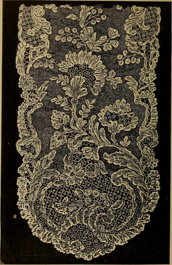 An illustration from Dentelles et guipures : anciennes et modernes, imitations ou copies. Varieté des genres et des points. 52 portraits documentaires, 249 échantillons de dentelles, collerettes, fraises, manchettes, rabats, etc., 1904, leaf 276