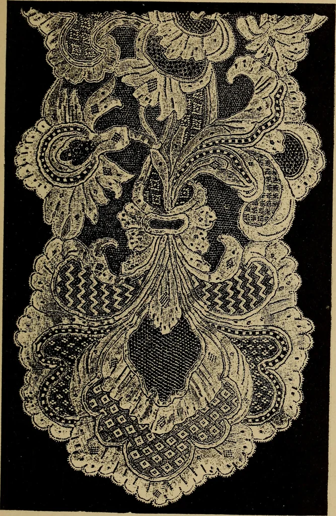 An illustration from Dentelles et guipures : anciennes et modernes, imitations ou copies. Varieté des genres et des points. 52 portraits documentaires, 249 échantillons de dentelles, collerettes, fraises, manchettes, rabats, etc., 1904, leaf 277