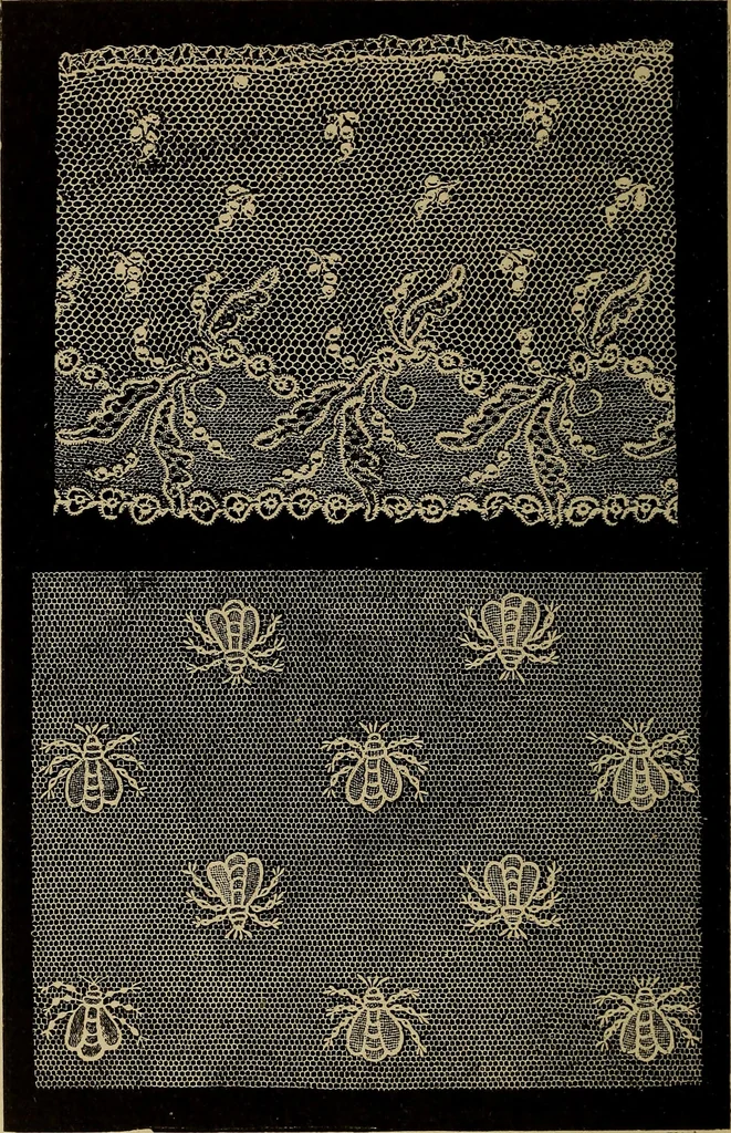 An illustration from Dentelles et guipures : anciennes et modernes, imitations ou copies. Varieté des genres et des points. 52 portraits documentaires, 249 échantillons de dentelles, collerettes, fraises, manchettes, rabats, etc., 1904, leaf 278