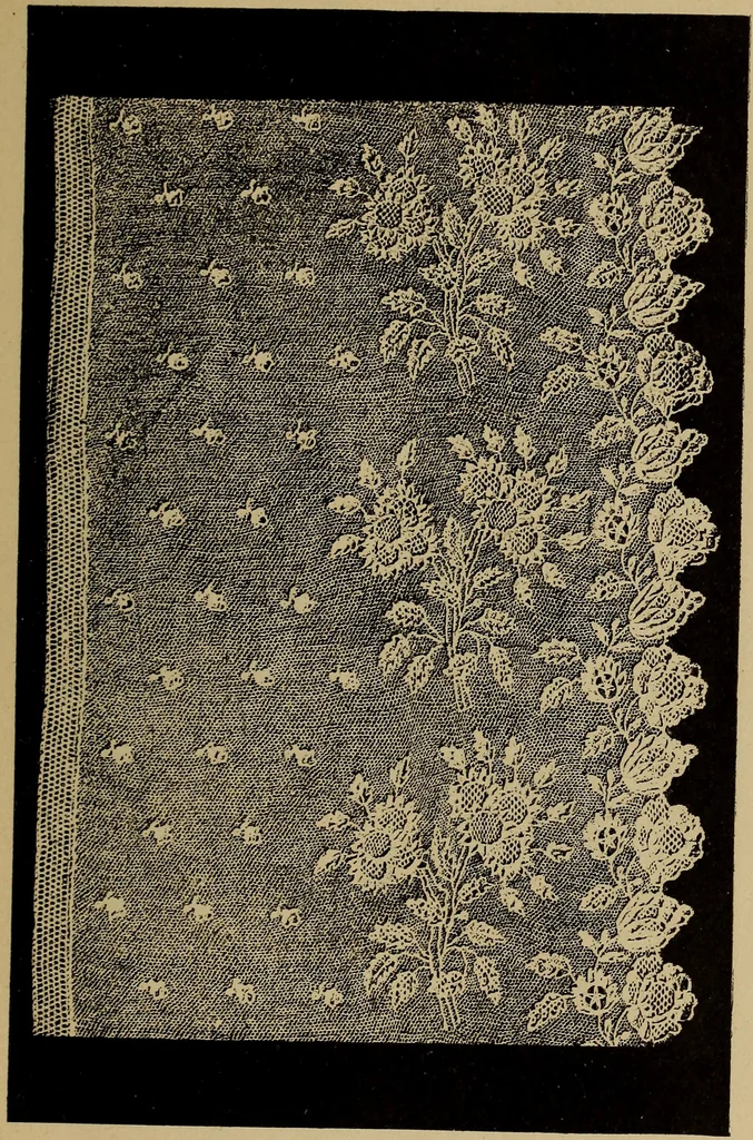 An illustration from Dentelles et guipures : anciennes et modernes, imitations ou copies. Varieté des genres et des points. 52 portraits documentaires, 249 échantillons de dentelles, collerettes, fraises, manchettes, rabats, etc., 1904, leaf 279