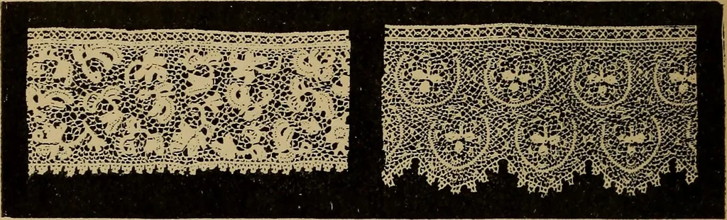 An illustration from Dentelles et guipures : anciennes et modernes, imitations ou copies. Varieté des genres et des points. 52 portraits documentaires, 249 échantillons de dentelles, collerettes, fraises, manchettes, rabats, etc., 1904, leaf 28