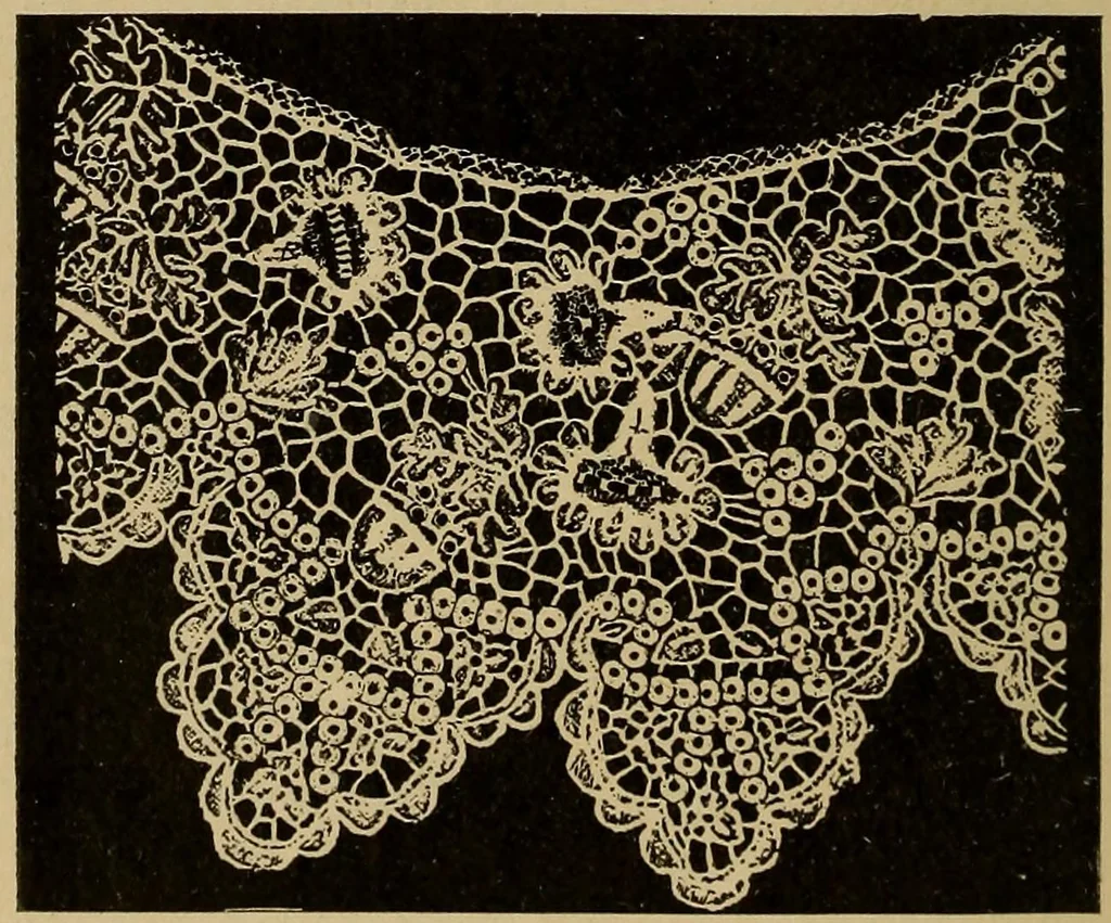 An illustration from Dentelles et guipures : anciennes et modernes, imitations ou copies. Varieté des genres et des points. 52 portraits documentaires, 249 échantillons de dentelles, collerettes, fraises, manchettes, rabats, etc., 1904, leaf 28