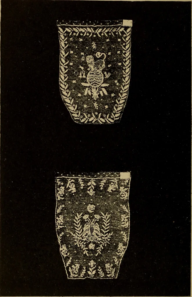An illustration from Dentelles et guipures : anciennes et modernes, imitations ou copies. Varieté des genres et des points. 52 portraits documentaires, 249 échantillons de dentelles, collerettes, fraises, manchettes, rabats, etc., 1904, leaf 280