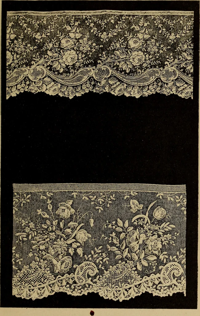 An illustration from Dentelles et guipures : anciennes et modernes, imitations ou copies. Varieté des genres et des points. 52 portraits documentaires, 249 échantillons de dentelles, collerettes, fraises, manchettes, rabats, etc., 1904, leaf 281