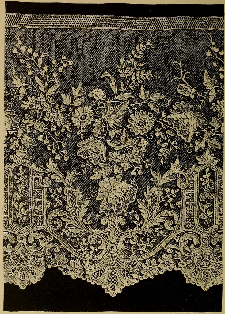 An illustration from Dentelles et guipures : anciennes et modernes, imitations ou copies. Varieté des genres et des points. 52 portraits documentaires, 249 échantillons de dentelles, collerettes, fraises, manchettes, rabats, etc., 1904, leaf 282