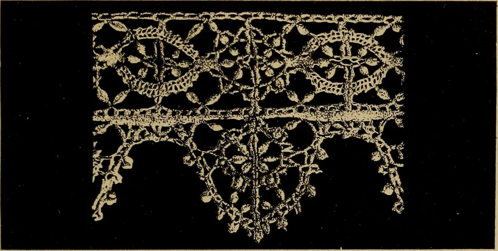An illustration from Dentelles et guipures : anciennes et modernes, imitations ou copies. Varieté des genres et des points. 52 portraits documentaires, 249 échantillons de dentelles, collerettes, fraises, manchettes, rabats, etc., 1904, leaf 283