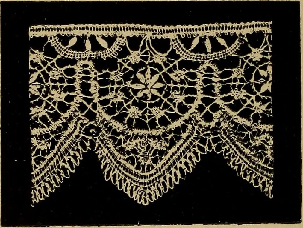 An illustration from Dentelles et guipures : anciennes et modernes, imitations ou copies. Varieté des genres et des points. 52 portraits documentaires, 249 échantillons de dentelles, collerettes, fraises, manchettes, rabats, etc., 1904, leaf 286