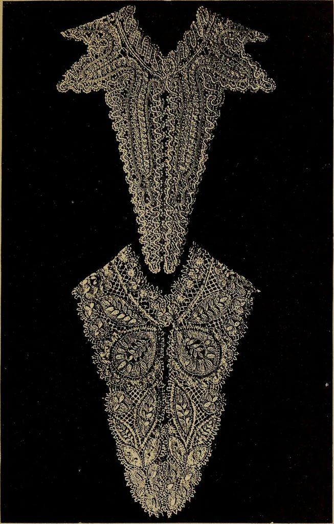 An illustration from Dentelles et guipures : anciennes et modernes, imitations ou copies. Varieté des genres et des points. 52 portraits documentaires, 249 échantillons de dentelles, collerettes, fraises, manchettes, rabats, etc., 1904, leaf 287
