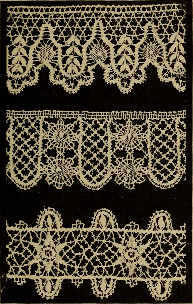 An illustration from Dentelles et guipures : anciennes et modernes, imitations ou copies. Varieté des genres et des points. 52 portraits documentaires, 249 échantillons de dentelles, collerettes, fraises, manchettes, rabats, etc., 1904, leaf 289